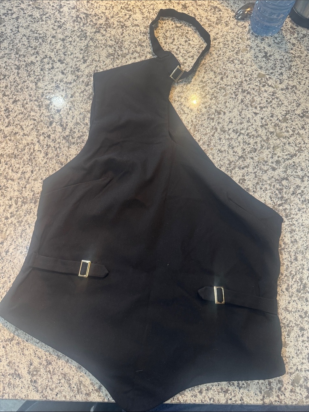 Black Asymmetric One-Shoulder Bodysuit with Buckle Details